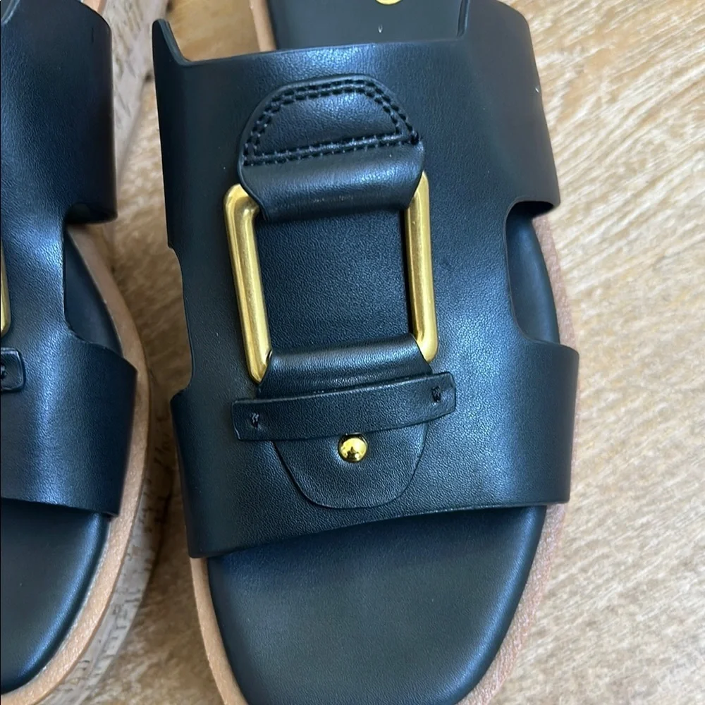 Franco Sarto Womens Black Leather Cork Platform Slide Sandals Gold Buckle 7.5